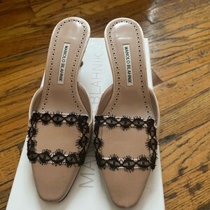 Manolo Blahnik Beige and Black Lace Mules